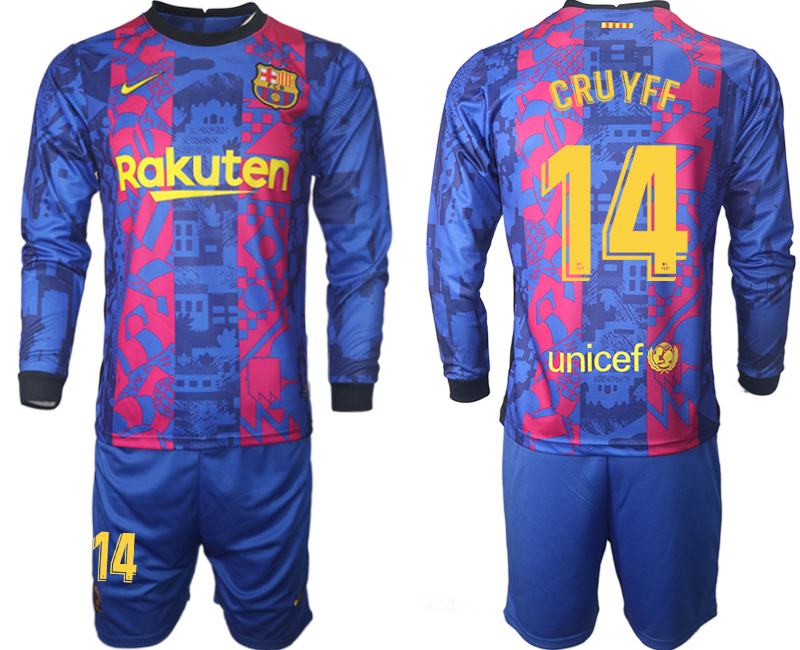 Men 2021-2022 Club Barcelona Second away blue Long Sleeve #14 Soccer Jersey->barcelona jersey->Soccer Club Jersey